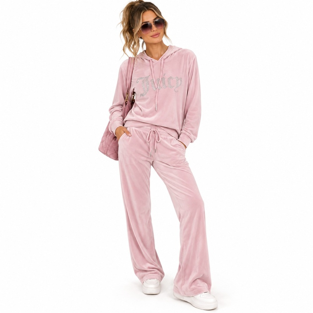 Juicy Couture Womens L Pink Velour Rhinestone Hoodie Pants Tracksuit Set Y2K